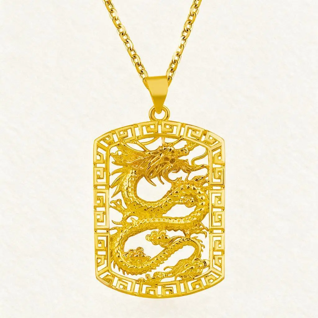 18k Gold Plated Chinese Dragon Pendant Necklace For Men Hollow Out Great Wall Pattern Frame Cool Amulet Jewelry Daily Wear Gift