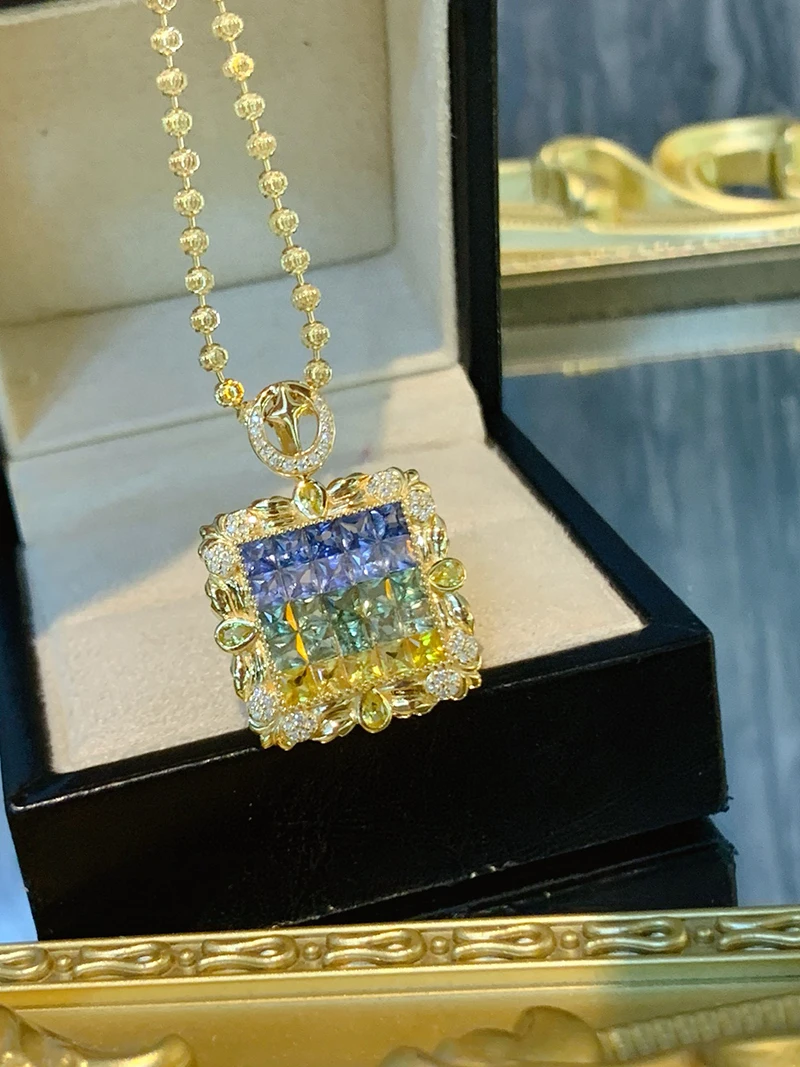 KUGG 100% 18K Yellow Gold Necklace Luxury Design Shiny Diamond Natural Color Sapphire Pendant Necklace for Women High Jewelry