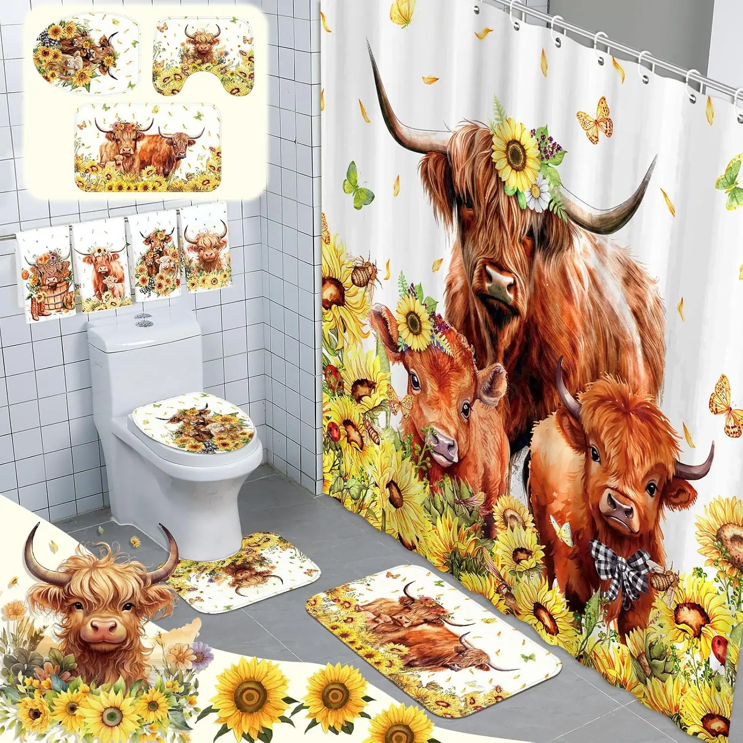 

Набор для ванной комнаты из 8 предметов с изображением коровы Хайленд в стиле подсолнухов, включающий шторку для душа, полотенца, коврики и крючки, для декора в стиле фермерского дома