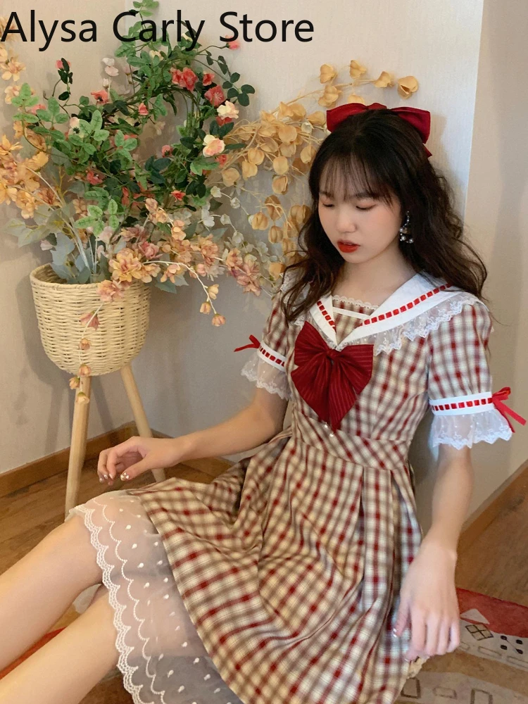 Japanese Kawaii Fairy Dress Women Summer 2022 Lace Plaid Vintage Party Mini Dress Female Bow College Style Princess Casual Dress