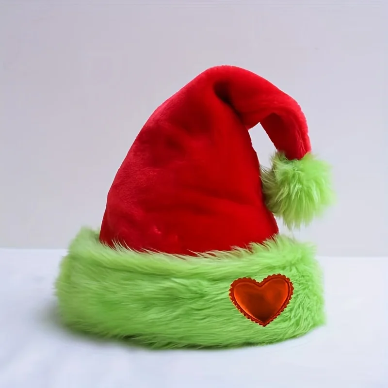 Weihnachtsmannmütze, Goldglitzer-Samtmütze mit Grünem Kunstfellbesatz, Rote Herz-Applikation Bommel Feiertagsmütze für Damen und Herren – Detail 1