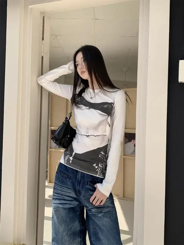 Print Gothic Tees Shirt Femme Abstract Design T Shirt Women Clothes Long Sleeve Y2k Autumn Grunge Aesthetic Ladies Tops