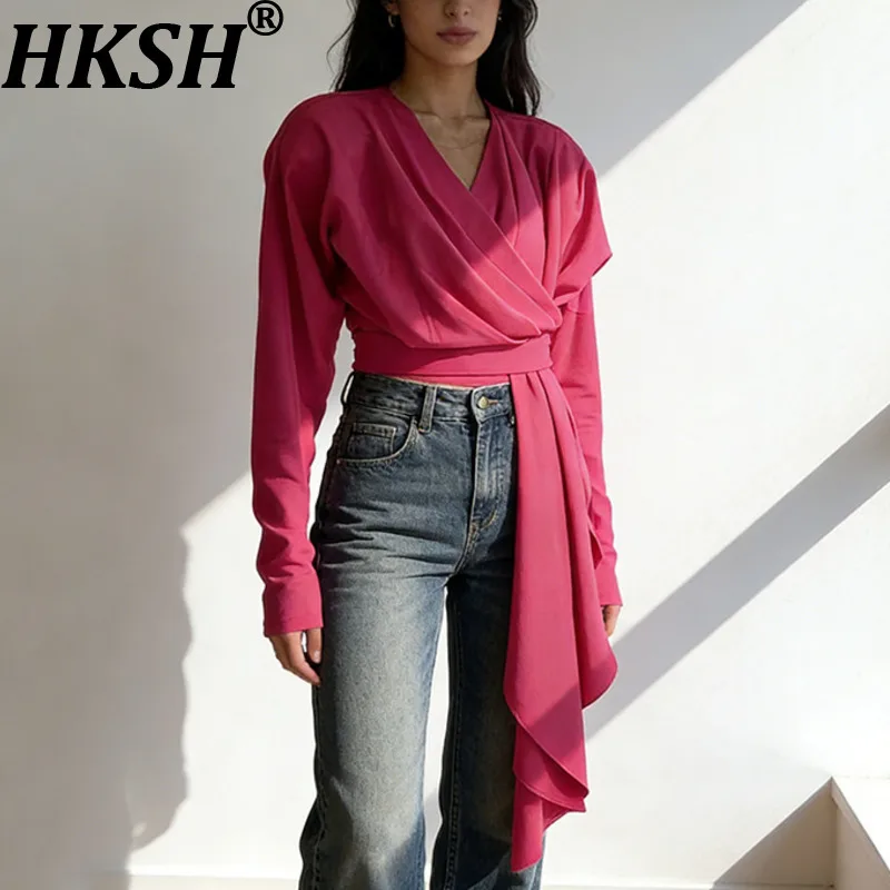 

HKSH Весна Осень Новая женская футболка с v-образным вырезом и длинными рукавами, плиссированная лента, облегающая однотонная модная повседневная высококачественная футболка HK17856