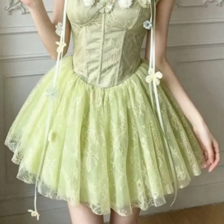 Sweet Fashion Princess Fairy Y2k Mini Dress Chic Design Flower Vintage Green Dress Japanese Kawaii Slim Puffy Summer Outfits New
