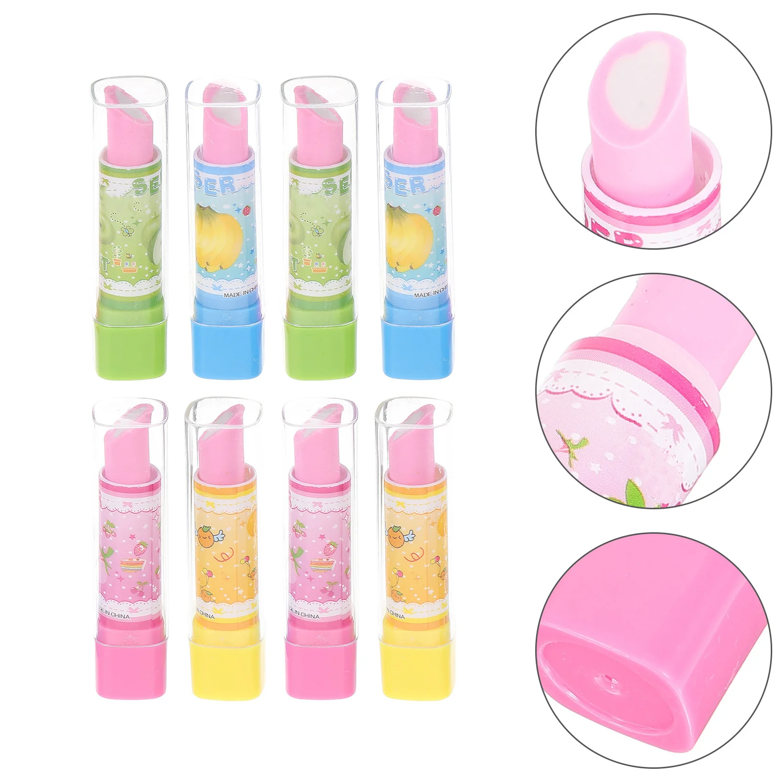 

8Pcs Lipstick Eraser Creative Colorful Fruit Pattern Cartoon Stationery Pencil Eraser Students Gift Stationery