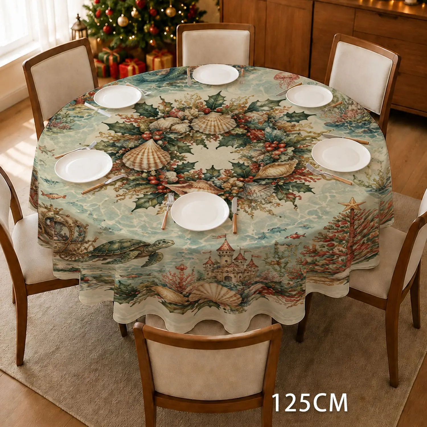 Vintage ocean Christmas-themed shell wreath pattern round tablecloth for festive table decorations
