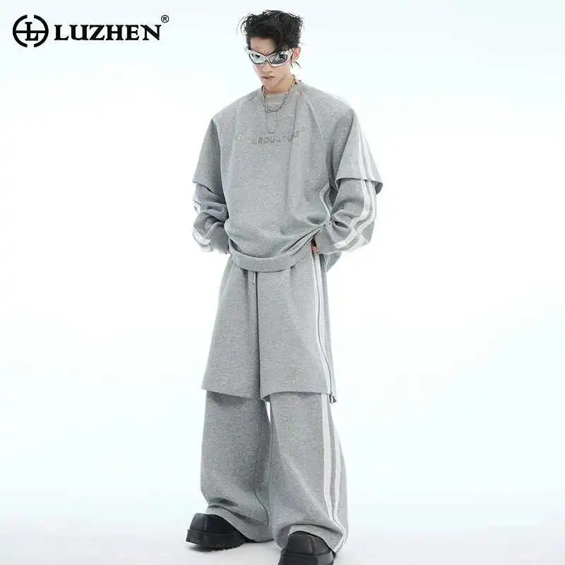 

LUZHEN 2025 New Original Stripe Zipper Stripe Splicing Sleeve Design Loose Sweatshirt Men's Fashion Street Straight Pants LZ9475