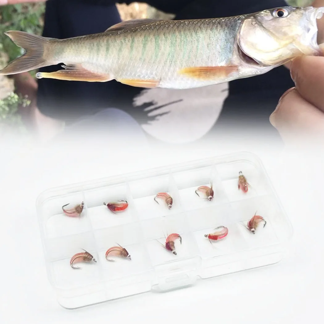 Fliegenfischen-Köder 10 Stück (mit Fliegenbox) Scud Nymph Red Bait Künstlicher Trockenköder für Forellen- und Barschangeln – Detail 11