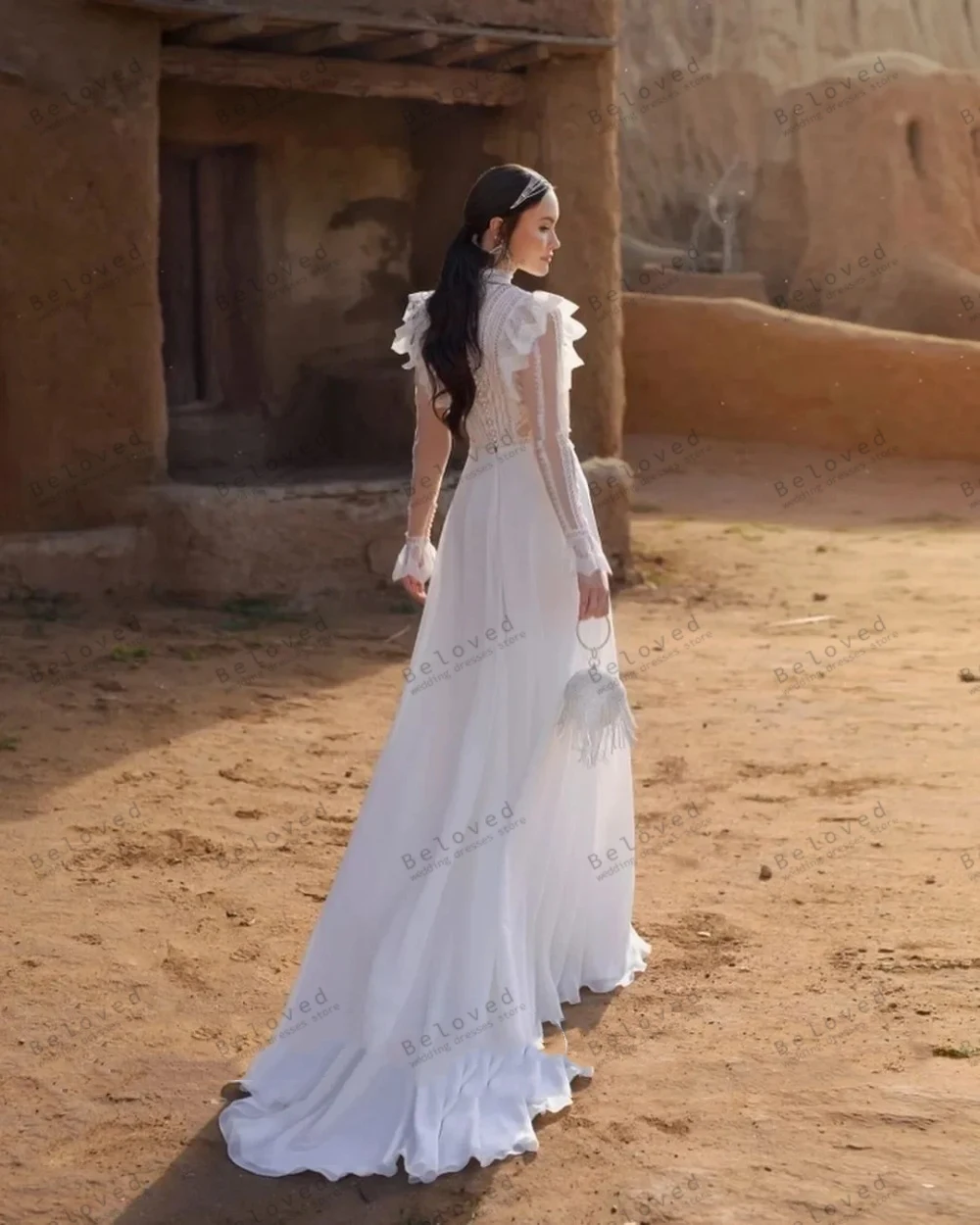 Robe de mariée trapèze bohème en mousseline de soie, robe éducative pour les patients, quelles que soient les manches évasées, longueur au sol, boule, appliques en dentelle, 2024