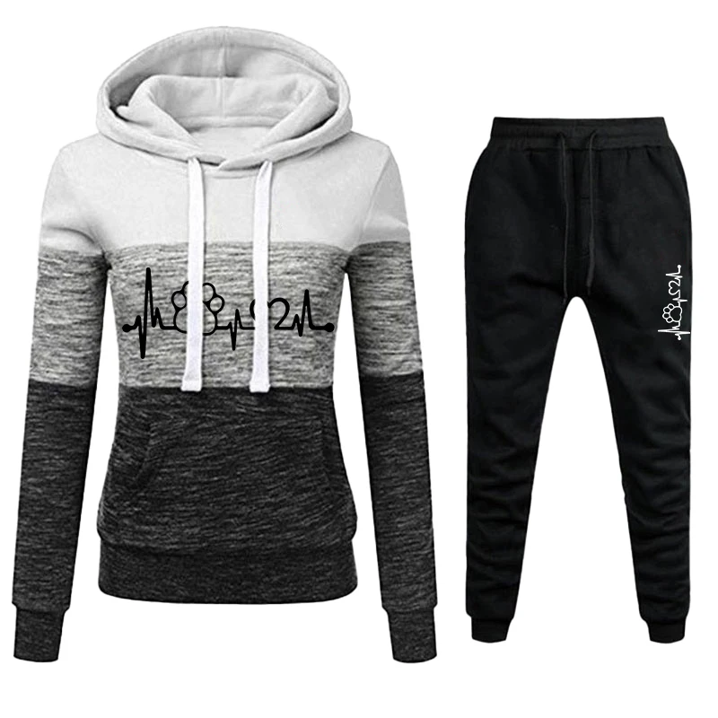 New women's jogging set with three color splicing hooded sweatshirt and sweatpants, women's casual sports hooded set