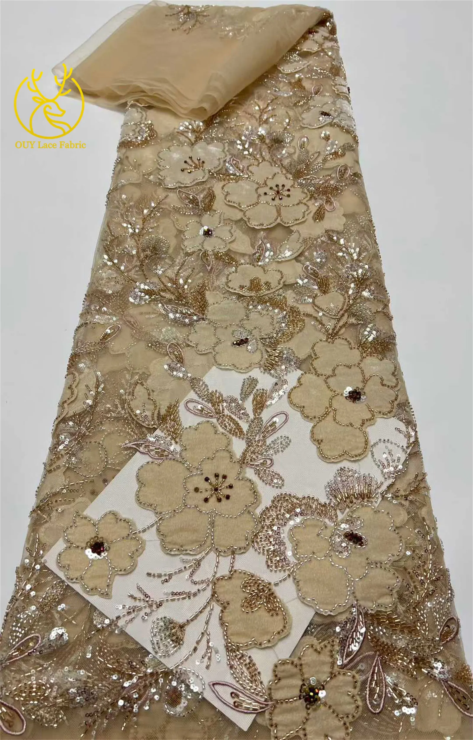 Neues Design Samt-Pailletten-bestickter Spitzenstoff 2026 Hochwertiger afrikanischer Perlen-Spitzenstoff Brautparty Hochzeitskleid Kleid – Detail 20