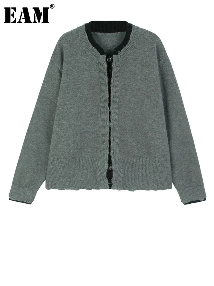 [EAM] Gray Color-block Big Size Knitting Cardigan Sweater Round Neck Long Sleeve Women New Fashion Spring Autumn 2025 1DH8436