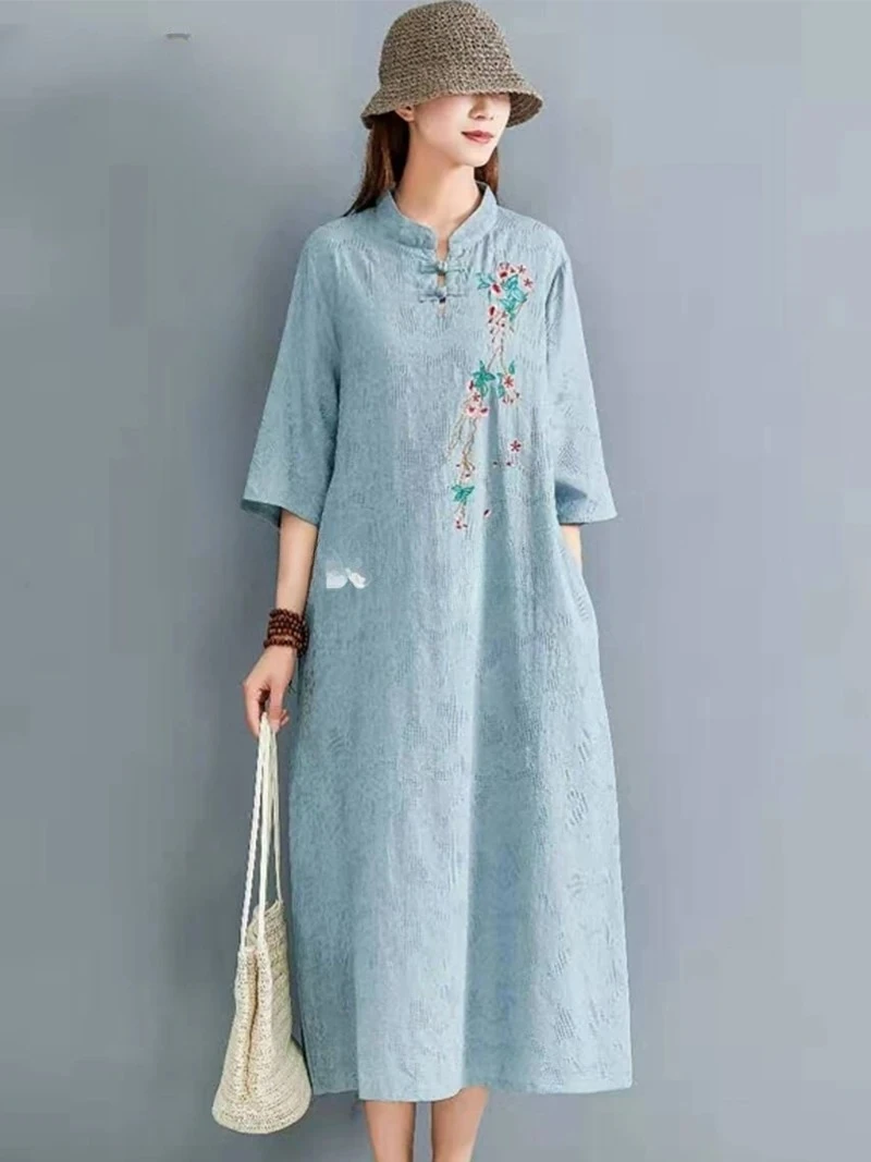 

2025 китайский Cheongsam женский длинный Ципао современный хлопковый льняной Cheongsam с короткими рукавами и вышивкой Cheongsam платье