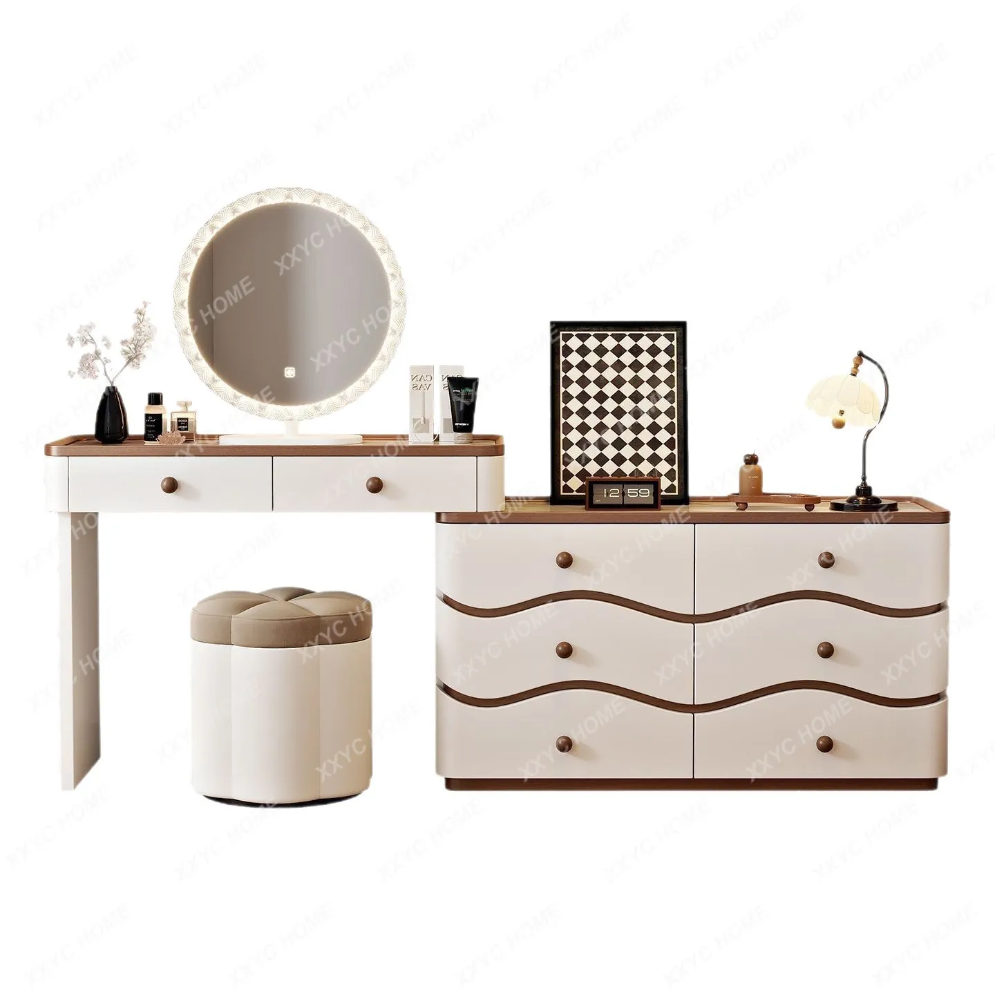Cream bucket cabinet integrated bedroom solid wood frame rounded corners wavy pattern design dresser gentle and retro