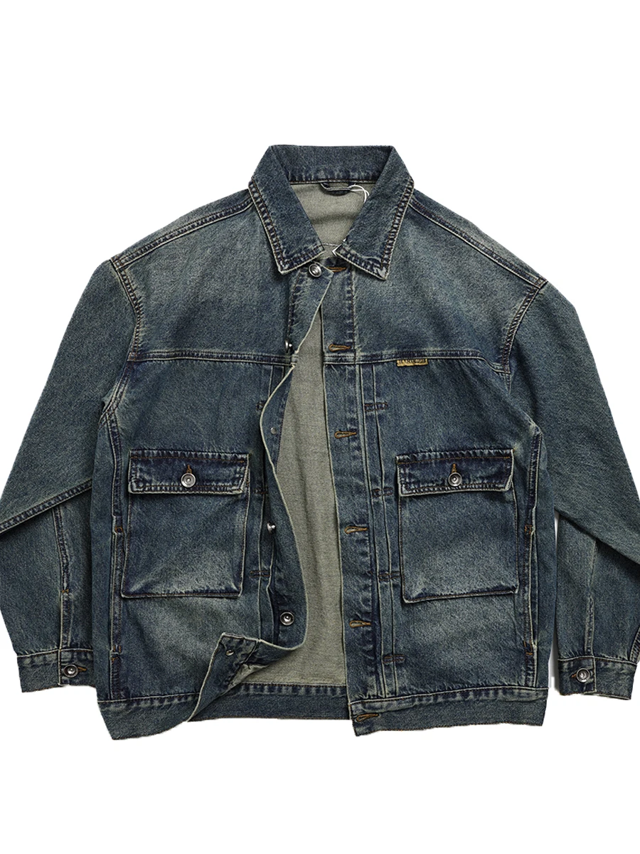 

Heavy Duty Blue Dye American Trendy Brand Thickened Motorcycle Denim Jacket Collared Double Pocket Workwear Vintage Jacket