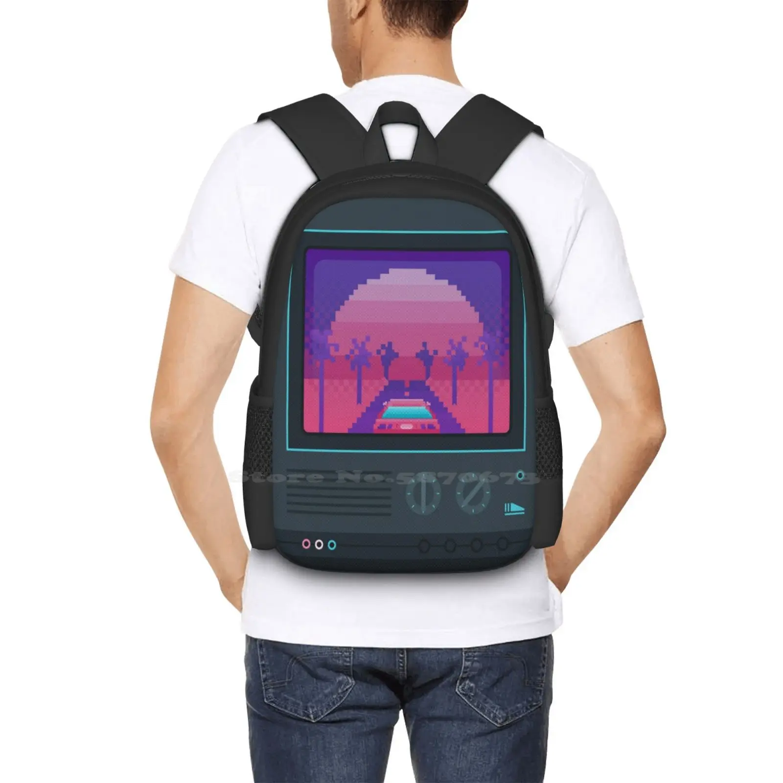 Nostalgia Trip Pattern Design Bag Student'S Backpack Retro 80S Pixel Art Neon Rad Palm Trees Aesthetic Vintage Nostalgia 8 Bit