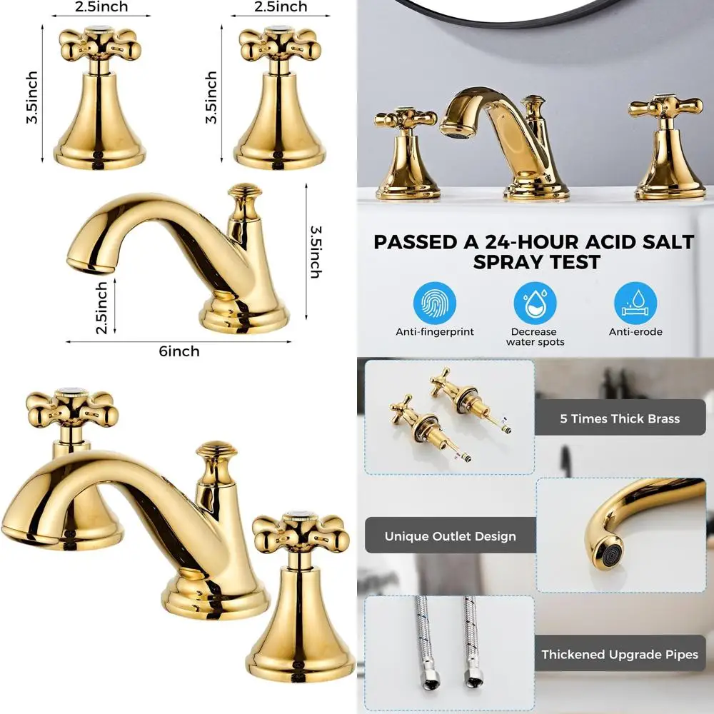 

Gold Vintage 3-Hole Widespread Faucet with Drain, Solid Brass, Drip-Free, Adjustable 8-16 Install