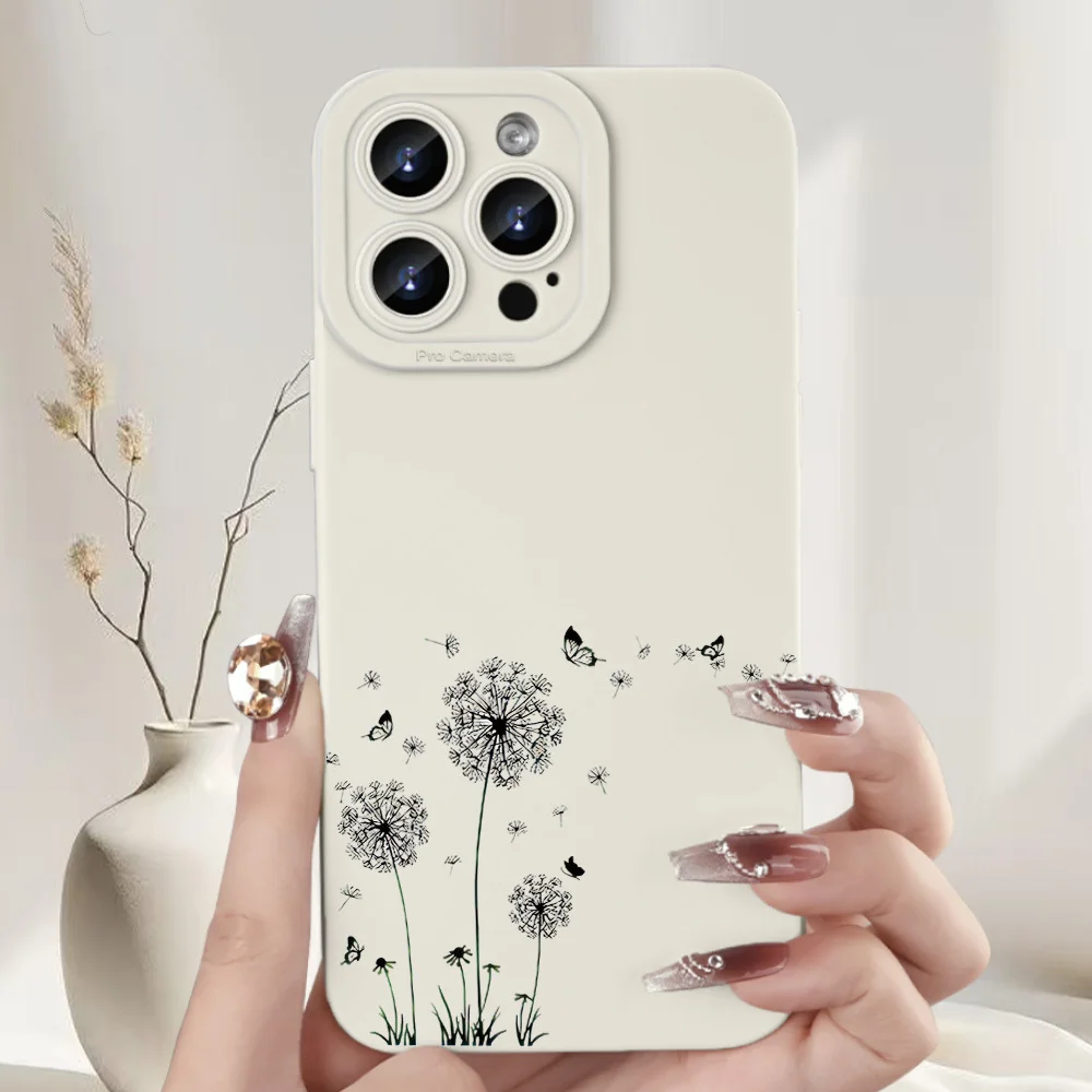 Minimalist Dandelion Butterfly Cream Matte Phone Case for iPhone17promax /16/15/14/13/12ProMax/11/11Pro Anti-drop protection