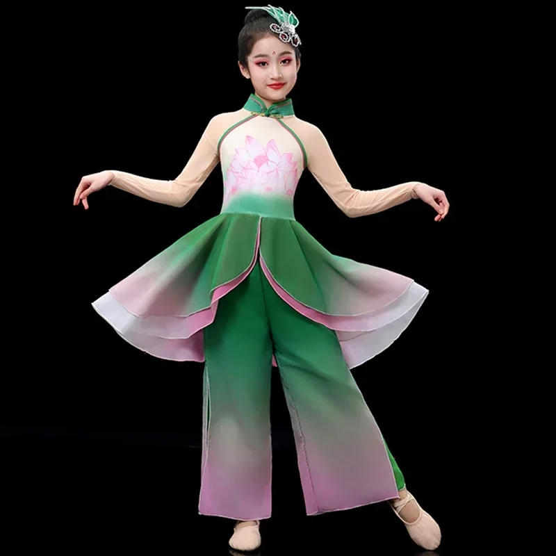 Costumi cinesi classici per bambini Costumi di danza Yangko Ombrello Fan Dance Lotus Bloom Festival Esegui abiti da pratica