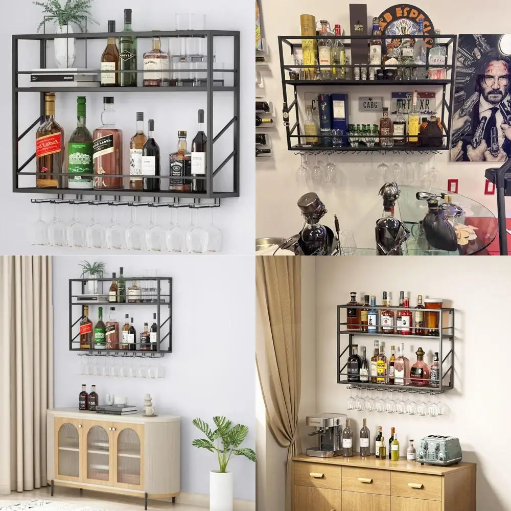 

Two-Level Metal Wall Wine Rack for Home Bar and Kitchen Storage Display