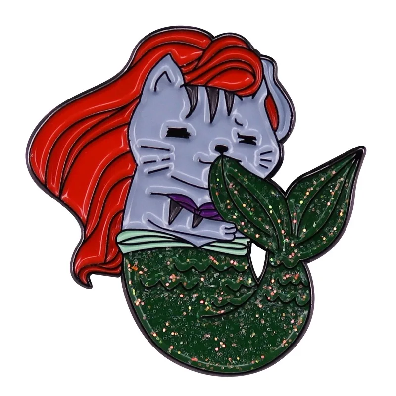 Pretty Green Mermaid Cat Custom Brooches Shape Cut Glitter Enamel Lapel Pin Clothes Backpack Jacket Accessories Friends Gift