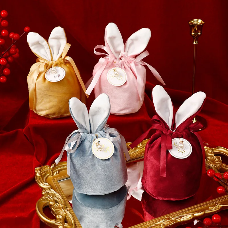 5-60PCS New Wedding Holiday Velvet Candy Bag Rabbit Ears Gift Bag Creative Wedding Candy Box Ins Portable Cloth Bag Gifts Bag