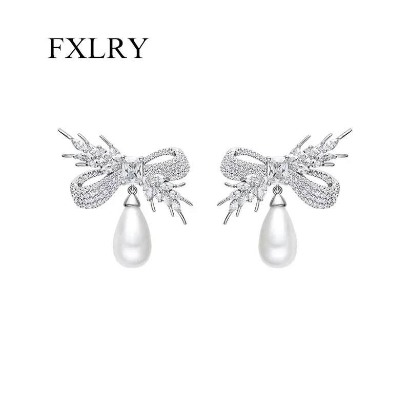 

FXLRY Creative Personality Zircon Inlaid Drop-Shaped Pearl Wheat Ear Bow-knot Earrings For Women Fashion Jewelry