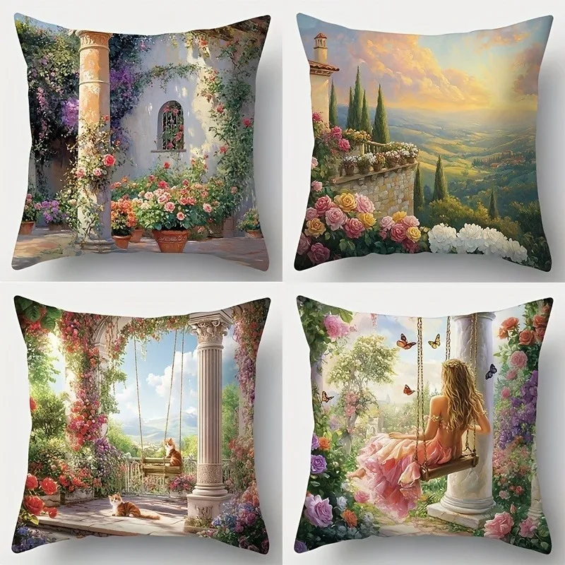 

Наволочка «Зачарованный средиземноморский сад» — наволочка с цветочным принтом для патио и сцены-качели для дивана, спальни, гостиной