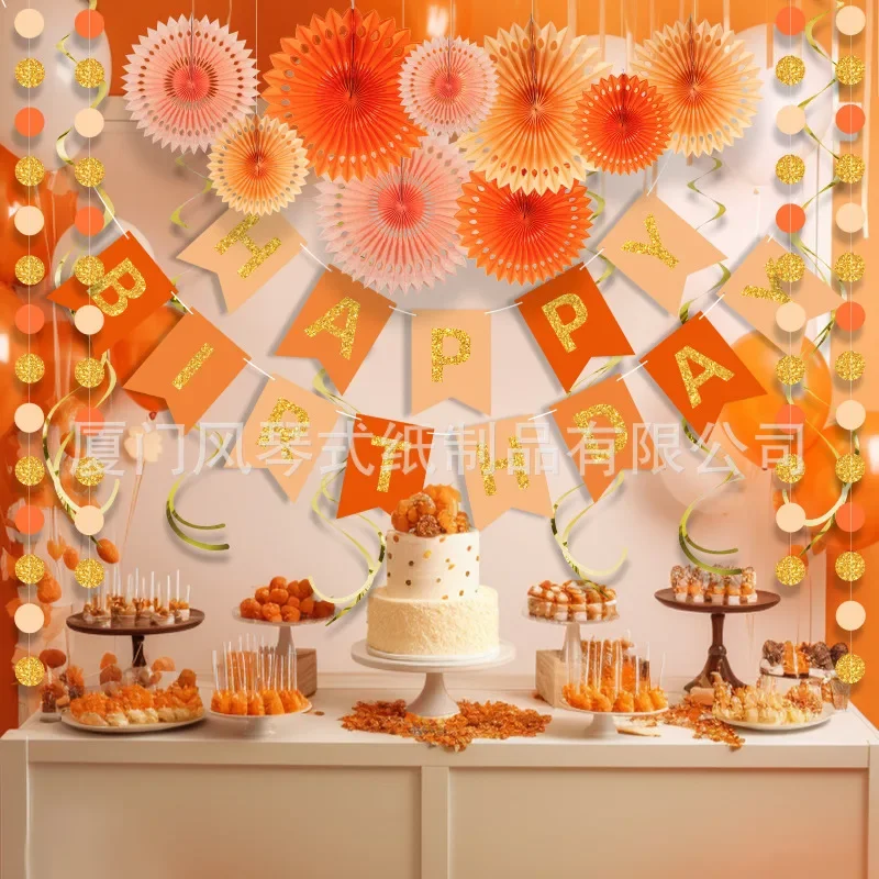 Orange Gold Classic Theme Birthday Party Decoration Set with Swallowtail Banner Dots Tassels Banner Flower Ball Honeycomb Fans