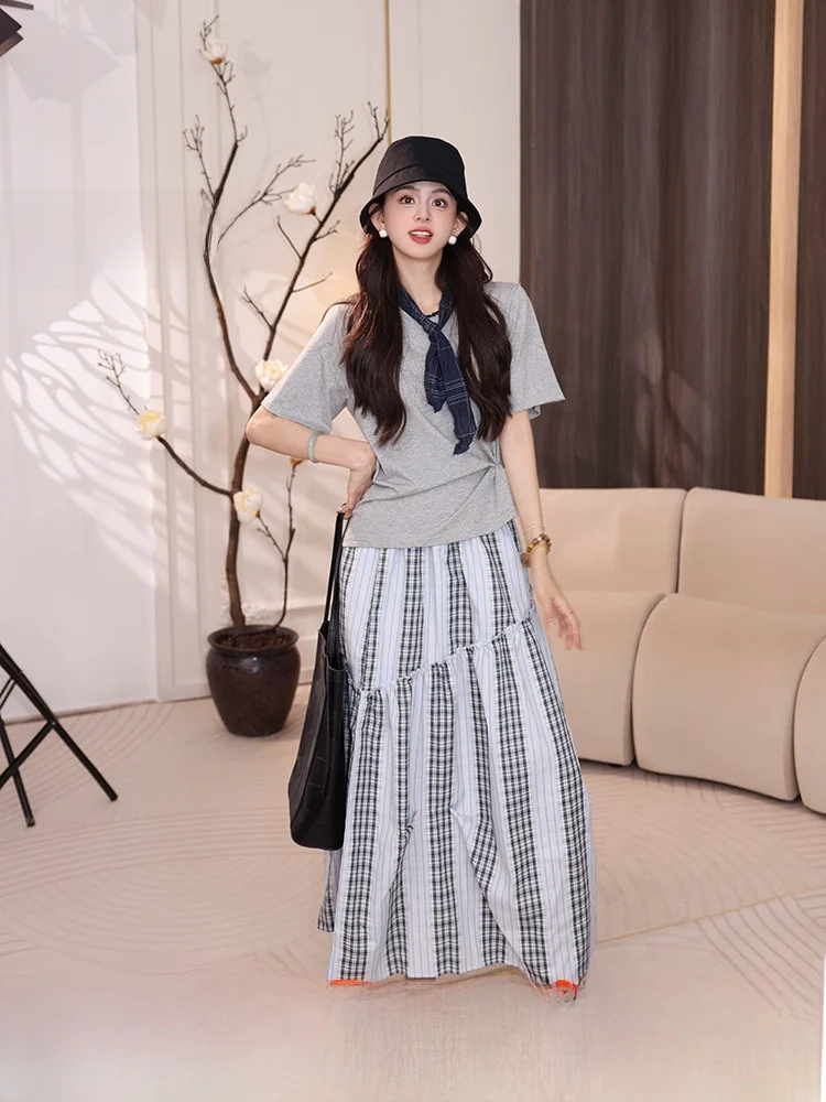 

Юбка женская в клетку Chen Jiajie, с завышенной талией, А-силуэт, миди, лето 2025, новая коллекция, для офиса, ретро, смесь полиэстера и хлопка