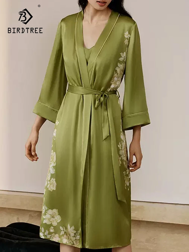 BirdTree, 100%Mulberry Silk Elegant Nightrobe, Women Long Sleeve Printed, Soft Sweet Pajama Dress, 2024 Summer Autumn P48307QC