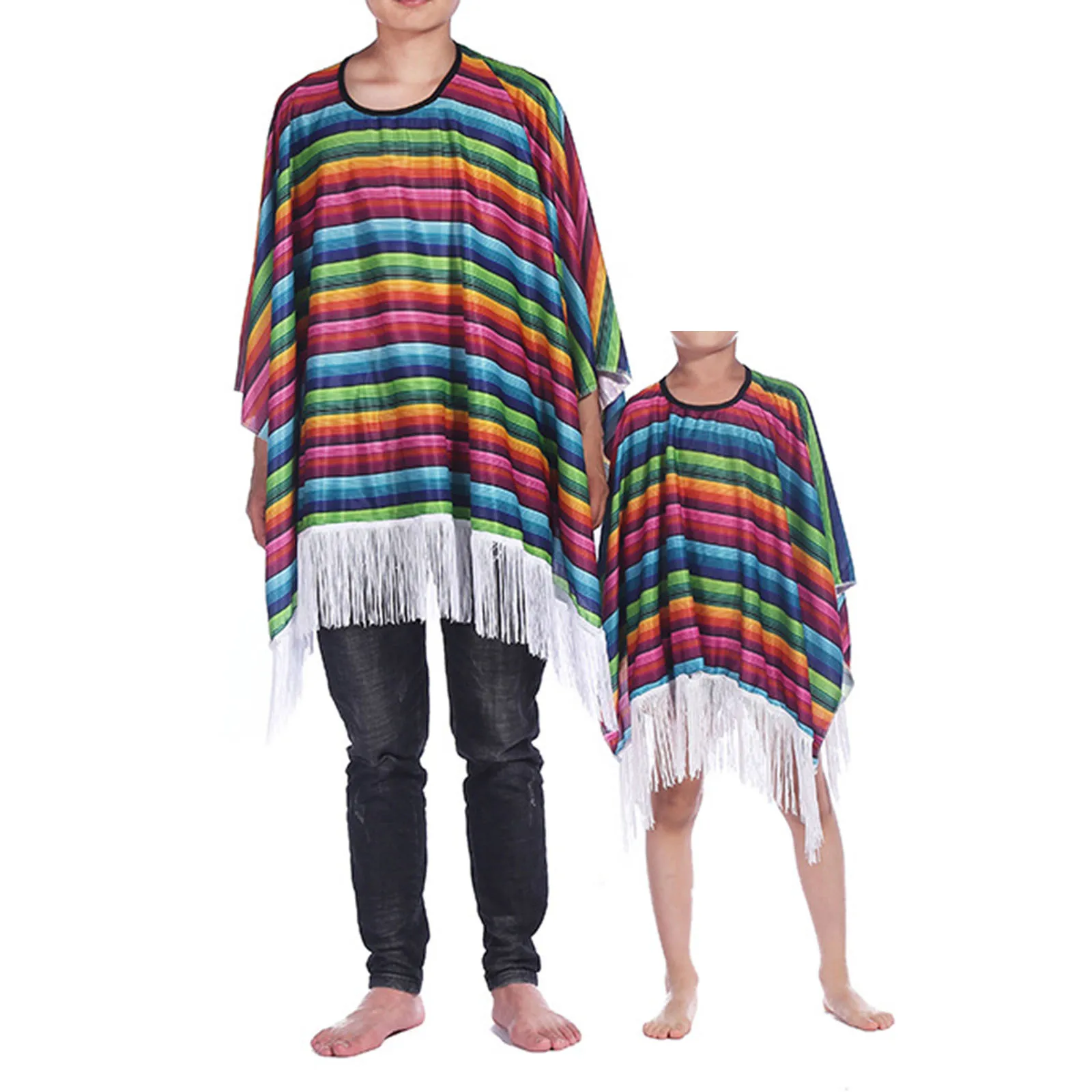 

Kid Adult Mexican Costume Outfit Colorful Cloak Poncho Sombrero Hat Sunglasses Mustache Set For Halloween Mexican Fiesta Cosplay