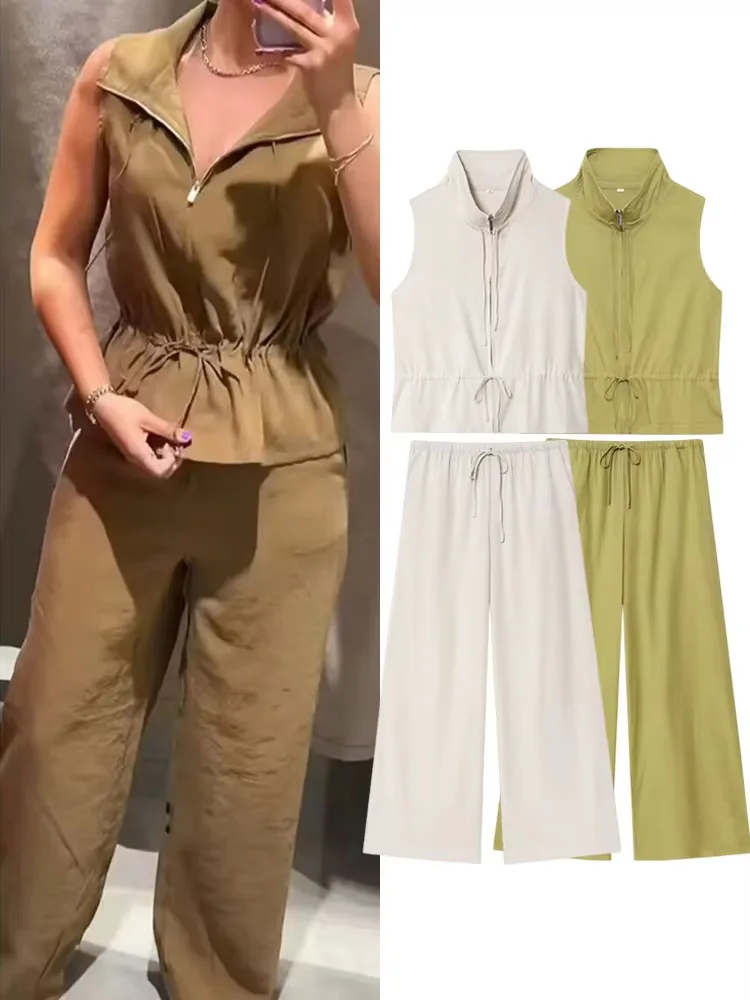 

HH женский комплект из 2 предметов, однотонная водолазка на молнии, жилет без рукавов на шнурке, топ + высокая талия, веревка, повседневные тонкие широкие брюки