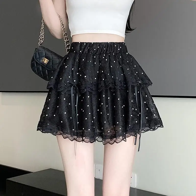 Chic Polka Dot Lace Half Skirt Bow Tie Cake Short Skirt Women's Korean Style High Waist Polyester Fiber Casual Commute