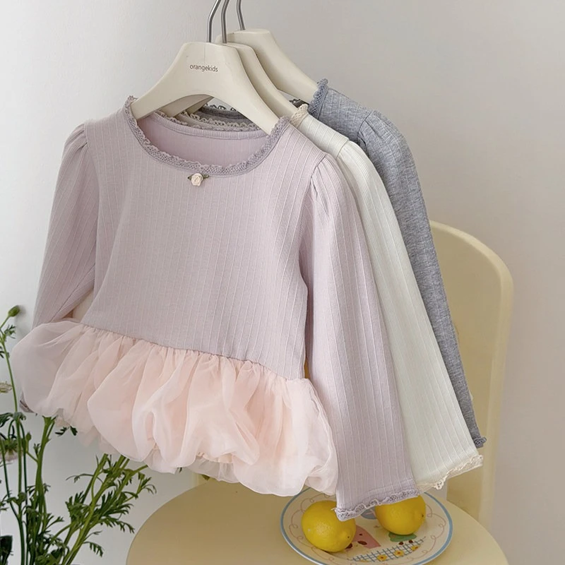 

Cotton T Shirt 2026 Spring New Collection for Children Girls Treasure Childrens Clothing Sweet Splicing Yarn
