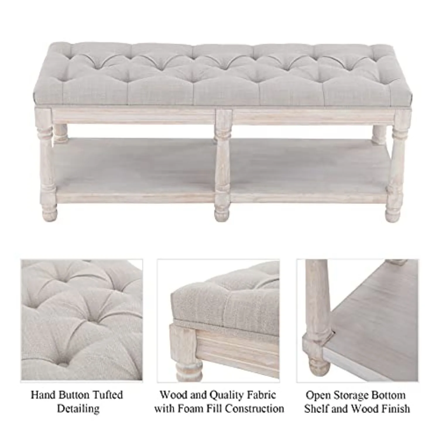 Mid Century Tufted Storage Bench with Shelf, Linen Upholstered Farmhouse Entryway Shoe Bench Ottoman Bed End Stool with