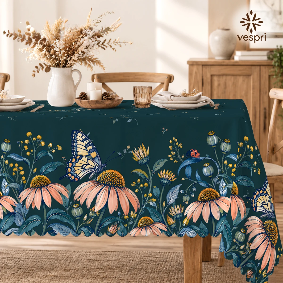 Garden Tablecloth with Coneflowers & Poppies for Indoor/Outdoor Camping decor, Rectangular/Round/Oval