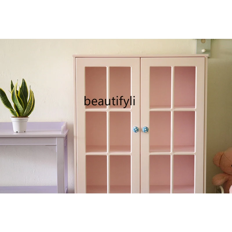 CXH Light Pink Wooden Bookcase Girl Heart Macaron Style Locker Hollow out Glass Cabinet Door