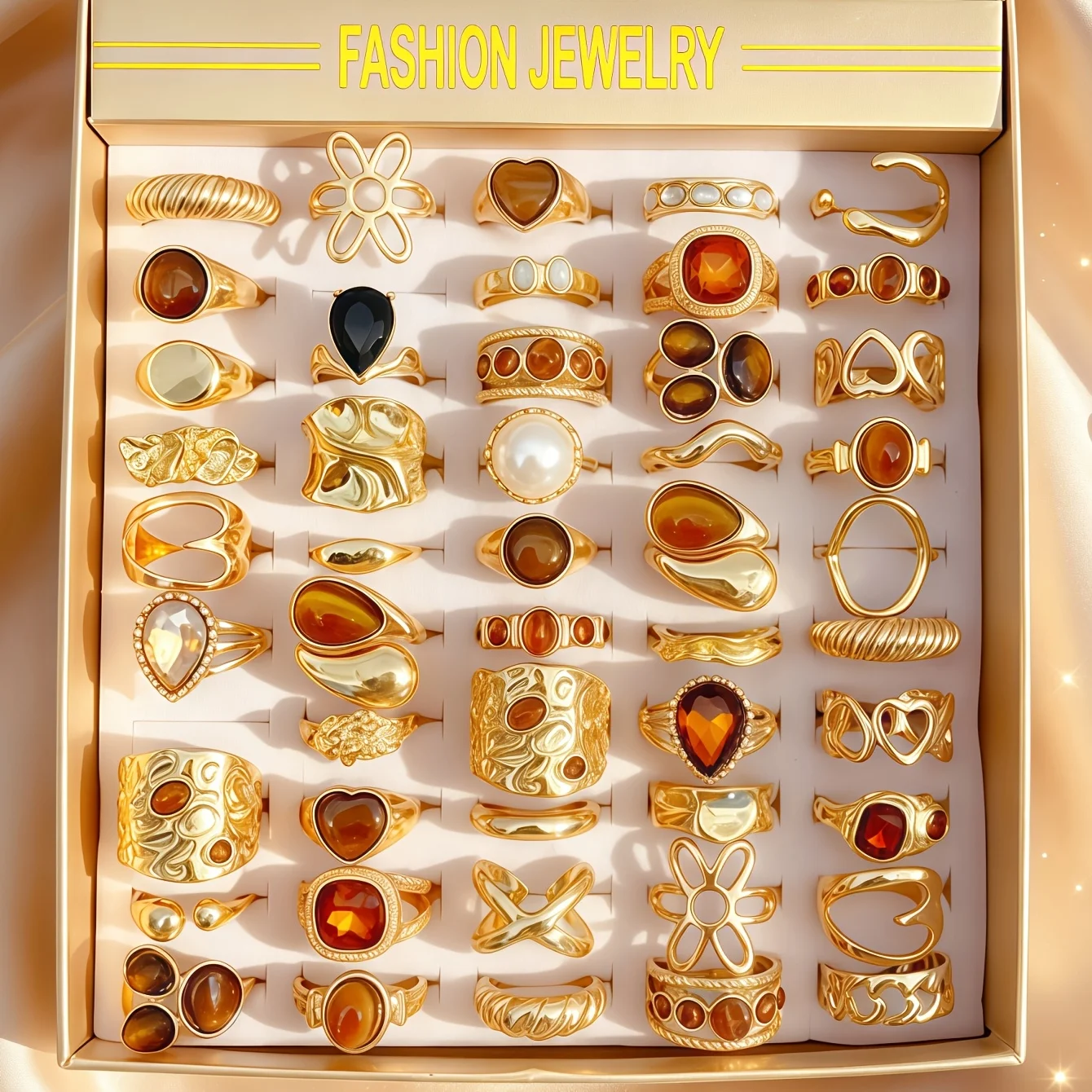 8/15/25/35/50Pieces Fashion Vintage Brown Cat's Eye Stone Rings Set For Women Mix Style Retro Flower Geometry Jewelry Party Gif