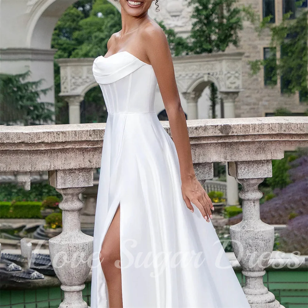 Simples uma linha vestidos de casamento cetim querida pescoço vestidos de noiva sexy fenda longo vestido de noiva personalizado para mujer