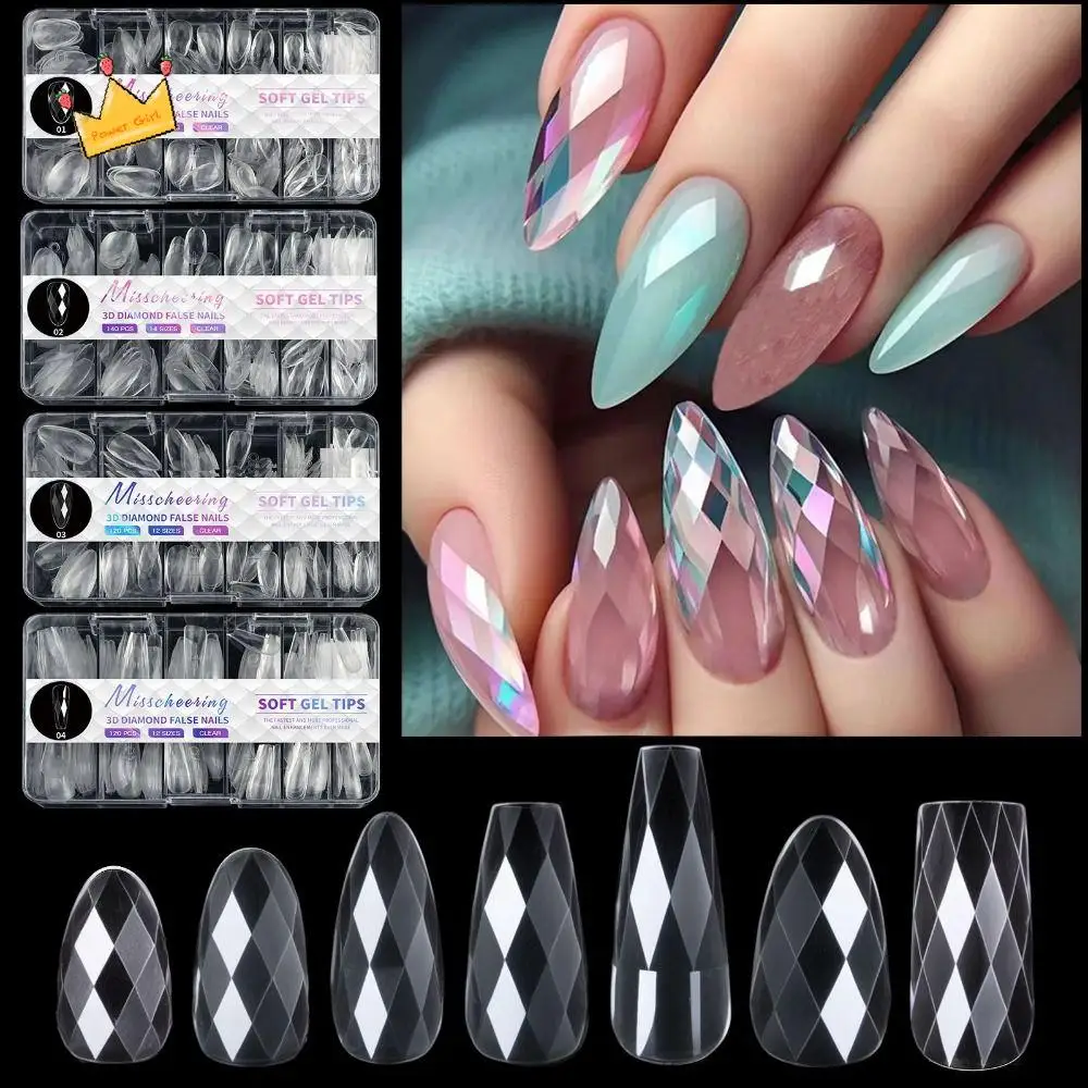

120/140pcs Luxury Diamond False Nail Tips Almond Square Long Coffin Shaped Soft Gel Nail Tips Multi-size DIY