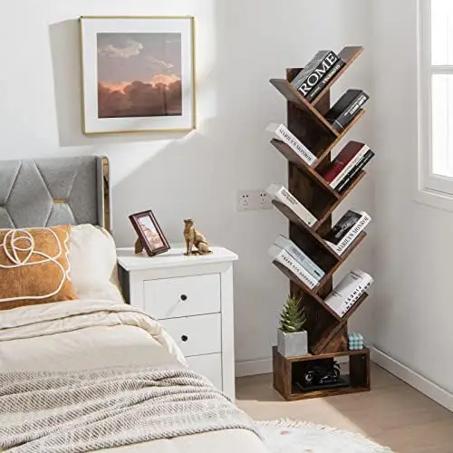 

Tree Bookshelf with Drawer, 10 Space Saving Wooden Bookcase, Freestanding Retro Wood Rack, Decorative Bookshelf with Hanger