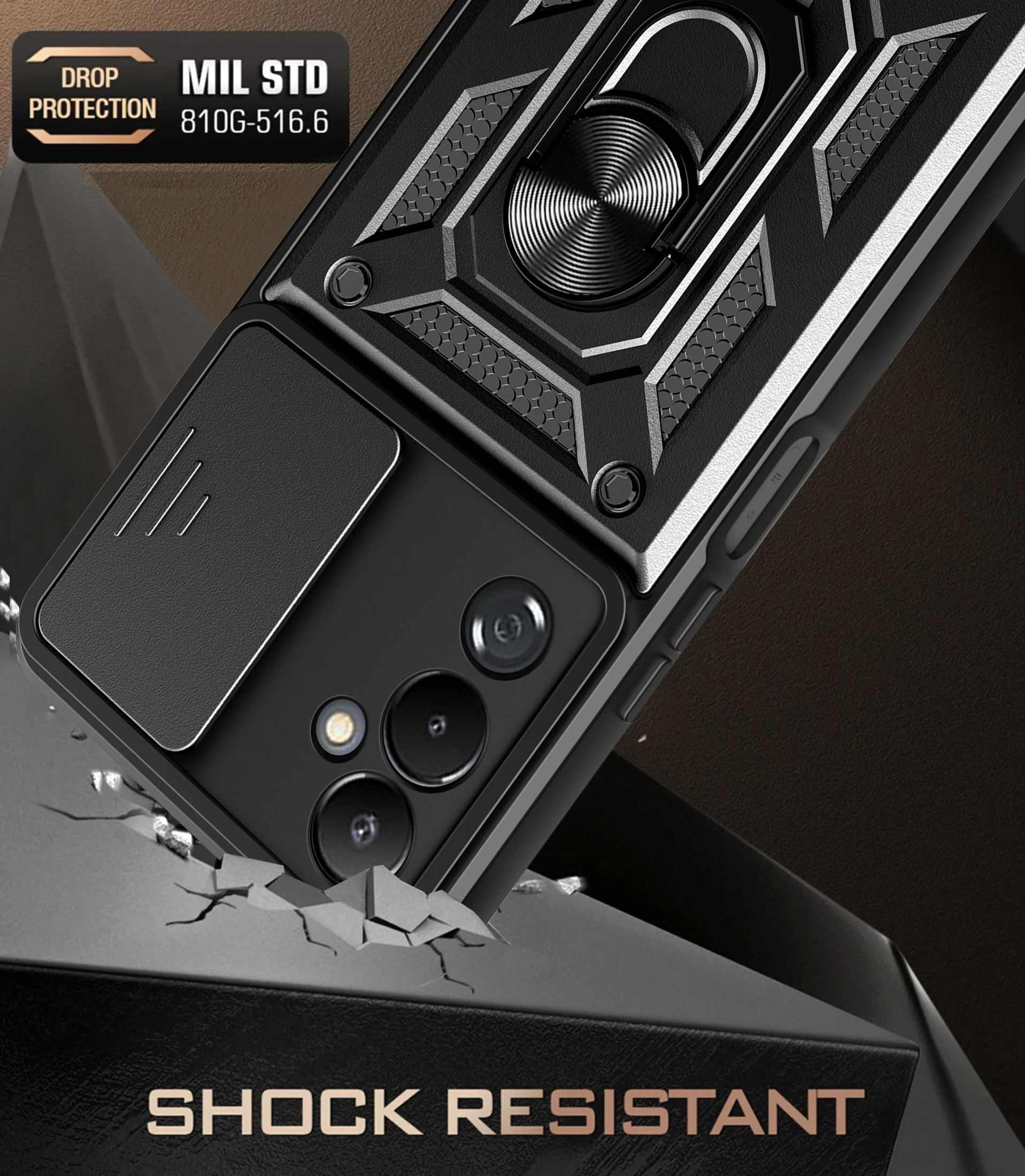 حافظة حماية لعدسة الكاميرا منزلق عسكري من الدرجة العسكرية لهاتف Tecno Pova 6 5 4 3 2 Pova 6 5 Pro 6 Neo مع غطاء مصدات حلقة معدنية