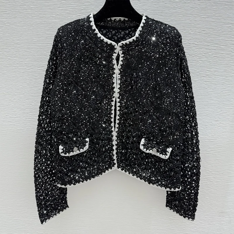 

High-quality black and white contrasting lace women's sweater with sequin decoration cardigan luxury outerwear 25100161