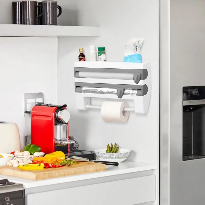 3 In 1 Food Film Dispenser Wall-Mount Wrap Dispenser With Paper Towel Holder For Kitchen Aluminum Foil Stretch Film Cutter