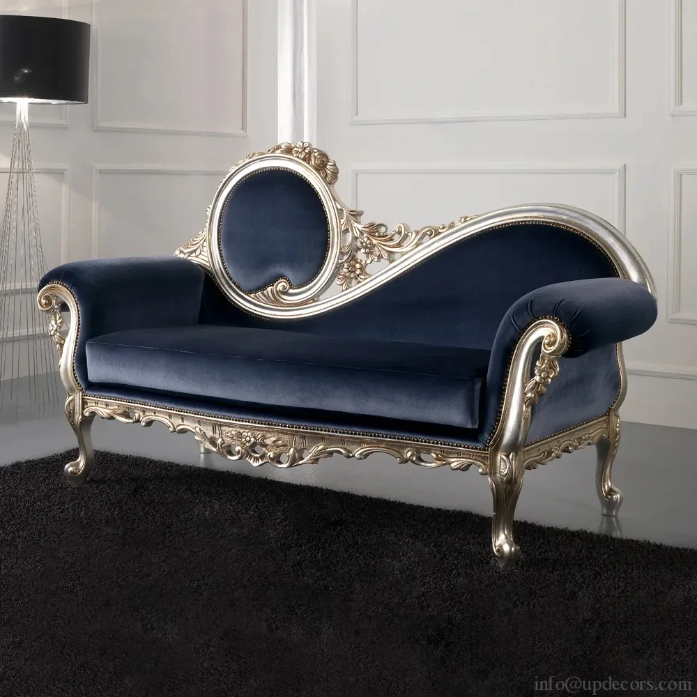 Blue Velvet Champagne Leaf Baroque Sofa Factory direct luxury hand carved furniture  european style sofa