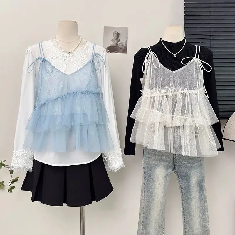 Bow Tie Layered Mesh Strap Vest Top Women's Multilayer Clothing Spring Summer Black Fungus Edge Stacked Outer Tower Trendy