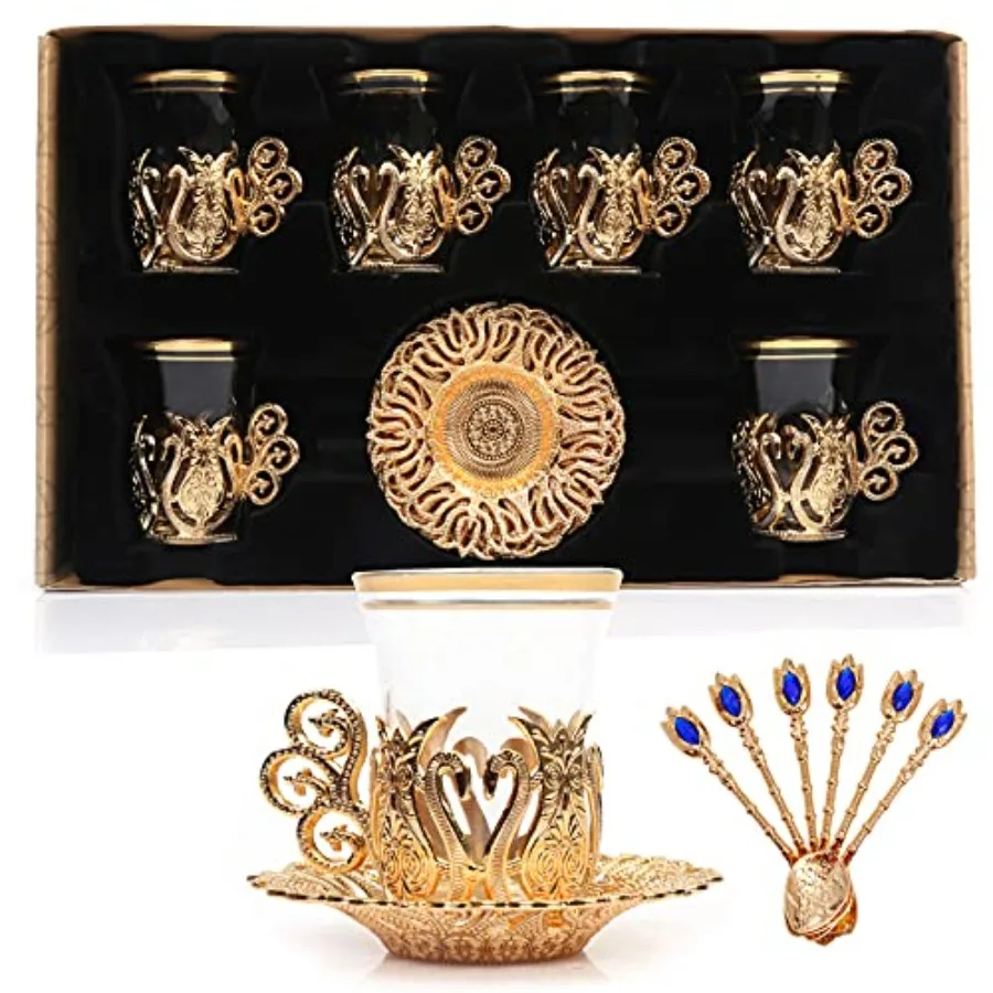 

SET OF 6 Handmade Turkish Tea Water Zamzam Serving Set Glasses Saucer and Spoon (Ottoman (Gold)