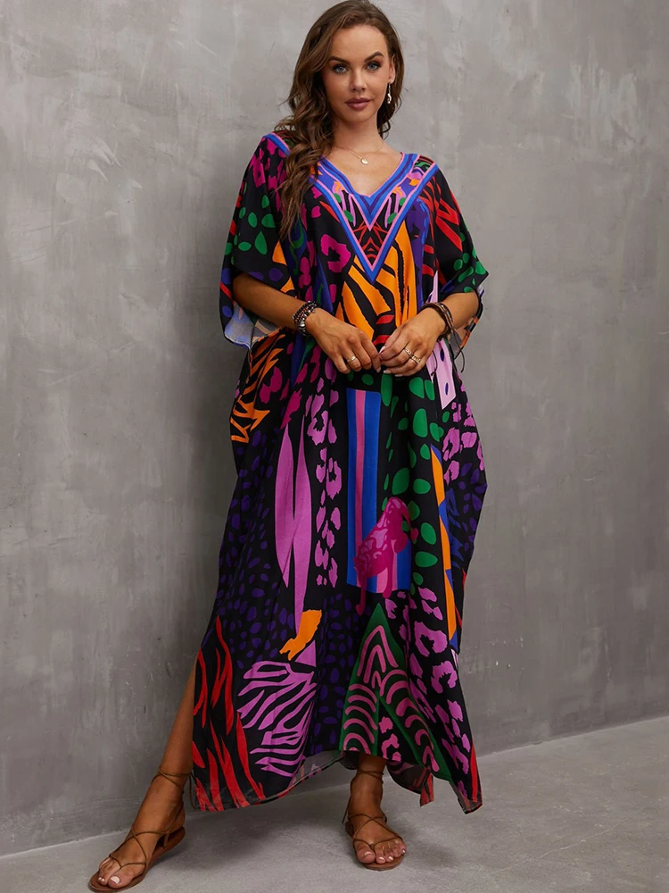 2024 Boho Purple Printed Loose Beach Dress Casual V-neck Batwing Sleeve Side Split Maxi Dresses Women Summer Clothing Q1464