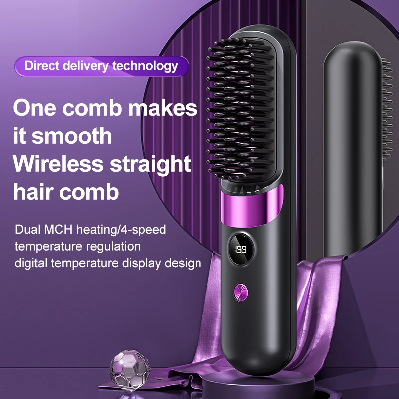 Hair Straightener Brush with LCD Display Cordless USB Charging Straightener Portable Mini Straightening Brush for Home Travel